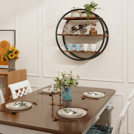 BCOZLUX Floating Shelves, 3 Tier Decorative Geometric Circle Metal and Wood Wall Shelves, Bathroom Shelf Round Wall Decor, Rustic Brown