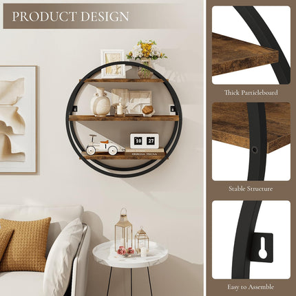 BCOZLUX Floating Shelves, 3 Tier Decorative Geometric Circle Metal and Wood Wall Shelves, Bathroom Shelf Round Wall Decor, Rustic Brown