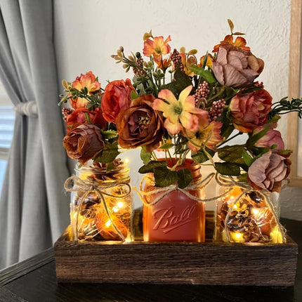 DUOER 3 Pcs Mason Jar Centerpiece Table Decorations for Dining Table Decor Farmhouse Coffee Table Decor with Wood Tray and Led Light Table Centerpieces for Dining room Kitchen Living Bathroom,Orange