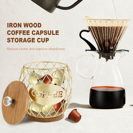 Coffee Pod Basket Holder Metal Coffee Pod Storage Basket with Dust Cover Hollow Design Coffee Pod Storage Container Large Capacity Sturdy Coffee Pod Organizer (golden)