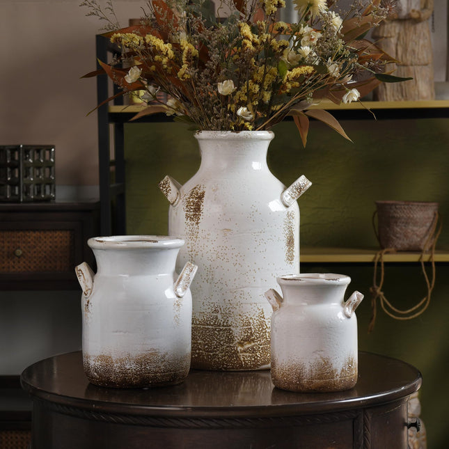 Quoowiit Ceramic Rustic Farmhouse Vase, 14 Inch Distressed Decorative Flower Vase for Home Decor, Large White Vase for Living Room Bedroom Kitchen Office Decor Centerpiece Table Decorations