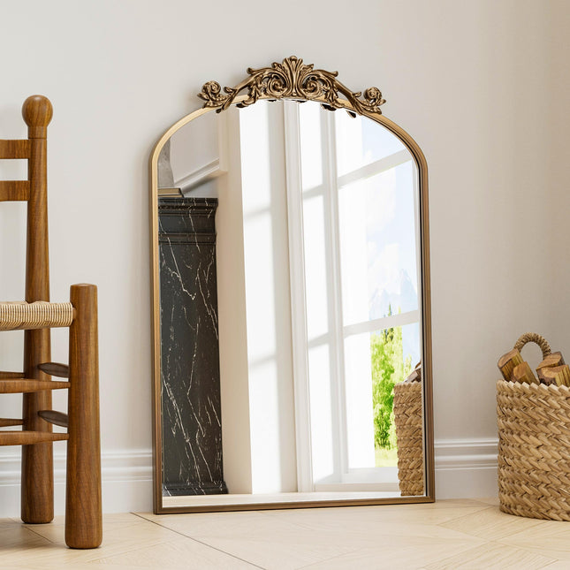 Dewfig Antique Arched Wall Mirror, 22"x30" Vintage Gold Bathroom Mirror - Baroque Metal Frame Brass Mirror for Living Room, Bathroom, Fireplace, Entryway, Bronze