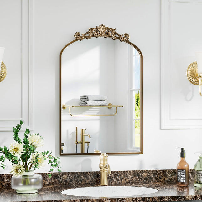 Dewfig Antique Arched Wall Mirror, 22"x30" Vintage Gold Bathroom Mirror - Baroque Metal Frame Brass Mirror for Living Room, Bathroom, Fireplace, Entryway, Bronze