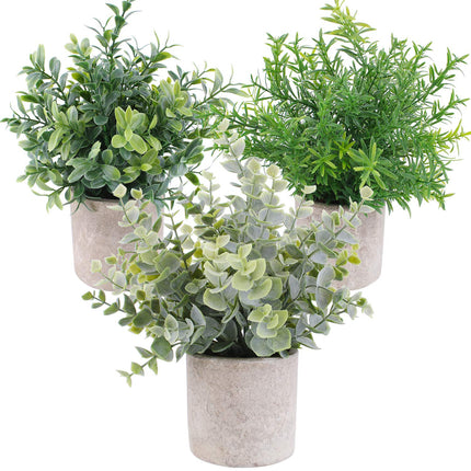 OUTLEE 3 Pack Mini Artificial Potted Plants Faux Eucalyptus Plants Boxwood Rosemary Greenery in Pots Small Houseplants for Home Decor Office Desk Shower Room Decoration