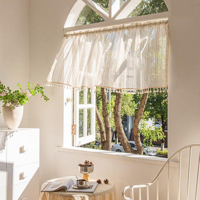 Deeprove Boho Textured Valance Tier, Neutral Bohemian Farmhouse Chic Kitchen Closet Textured Burlap with Tassels, Window Treatment Small Linen Stripe Curtain Wall Decor, 1 Panel 59" W x 24" L