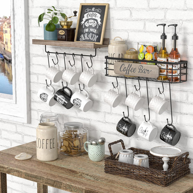 Coffee Mug Holder Organizer 2 Pack with 12 Mug Hooks Mug Rack Wall Mounted with Coffee Bar Sign Farmhouse Coffee Accessories and Organizer with Metal Basket Floating Shelves for Wall Weathered Walnut