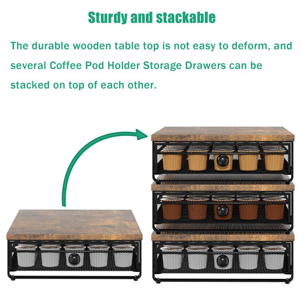 Sedegn Coffee Pod Holder Counter Coffee Vertuo Capsules Storage Organizer with Sliding Drawer Compatible For 35 K-Cup Pods No Assembly Needed Rustic Brown
