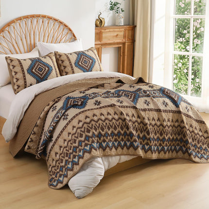 Dintszyayue Boho Quilt Set King Size,3 Pieces Aztec Texture Bedspread Brown Southwestern Coverlet Set Soft Lightweight Bed Cover for All Season Microfiber Bedding with 2 Pillowcases(Brown,104"x90")