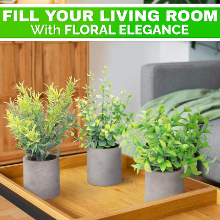 3-Pack Small Artificial Plants - Fake Desk Plant for Office, Business, or Home Decor, Lightweight & Durable, Compact Size and Variety (Eucalyptus, Rosemary, and Boxwood), Long-Lasting & Fade Resistant