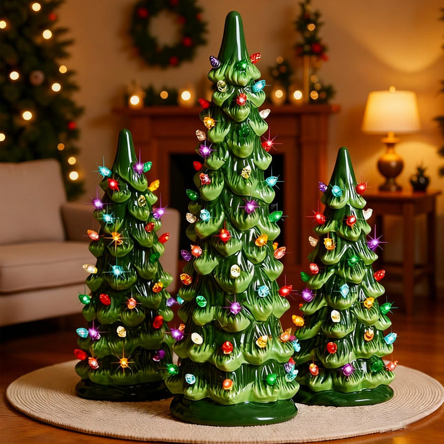 Set of 3 Christmas Trees with Lights, Vintage Tabletop Lighted Christmas Tree Hand Painted Table Decorations, Nostalgic Xmas Ornaments Gifts for Holiday Mantel Table Centerpieces Window Porch