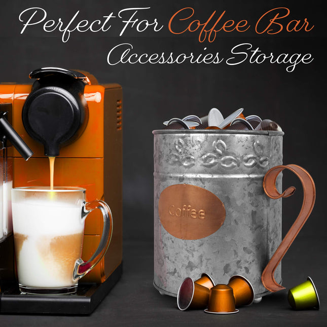 Autumn Alley Farmhouse Coffee Pod Holder Organizer – Galvanized Dual Toned Rustic Farmhouse Décor Basket for Counter – Vintage Copper Label & Handle – Industrial Chic Country Décor Accessories