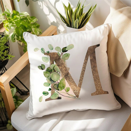 Yinrune Initial Letter M Monogram Pillow Case 26 Letters Gold Green Eucalyptus Leaves Alphabet Throw Pillow Cover Cushion Cover 24x24in Accent Pillowcase Gifts for Holiday Wedding Birthday