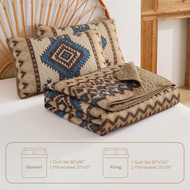 Dintszyayue Boho Quilt Set King Size,3 Pieces Aztec Texture Bedspread Brown Southwestern Coverlet Set Soft Lightweight Bed Cover for All Season Microfiber Bedding with 2 Pillowcases(Brown,104"x90")