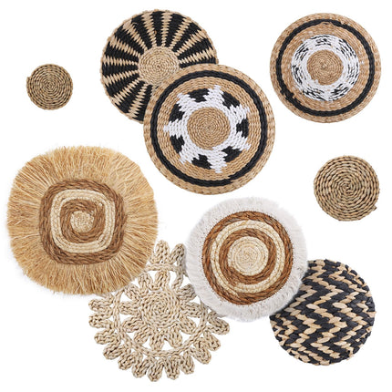 KEDEMAS Boho Wall Basket Decor, 9 Pack Hanging Woven Wall Basket Set, Seagrass Rattan Wicker Boho Wall Art, Eco-Friendly Round Wall Art for Farmhouse Living Rooms Bedrooms Display Classroom Decor