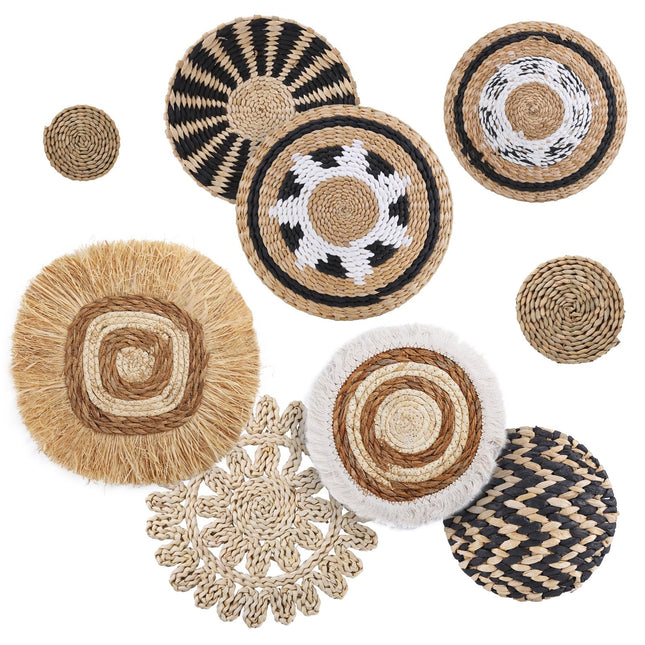 KEDEMAS Boho Wall Basket Decor, 9 Pack Hanging Woven Wall Basket Set, Seagrass Rattan Wicker Boho Wall Art, Eco-Friendly Round Wall Art for Farmhouse Living Rooms Bedrooms Display Classroom Decor