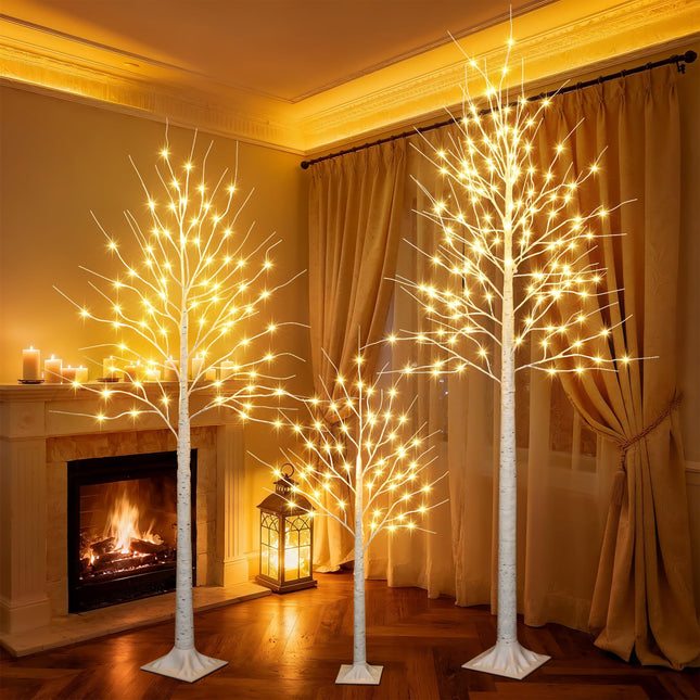 iBaycon 4FT 6FT and 8FT Birch Trees, Set of 3 Lighted Birch Tree LED Artificial Tree with 8 Modes Timer, Prelit Light Up Trees for Indoor and Outdoor Party Holiday Christmas Decorations