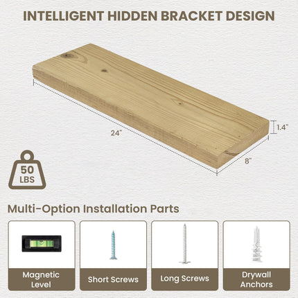 Acovy 8 INCH DEEP Rustic Reclaimed Barnwood Floating Shelves Wall Mounted, Wall Shelves with Invisible Bracket for Living Room, Bathroom, Bedroom and Kitchen, 24 Inch Width Set of 2, Natural