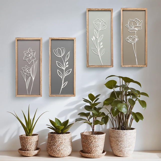 3D Wooden Floral Bathroom Wall Decor (Set of 4) Lightweight, Ready-to-Hang Framed Wall Art For Living Room, Bedroom, or Office - Premium Boho Botanical Farmhouse Decorations - Gift-Boxed