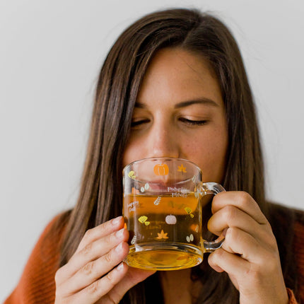 Pearhead Glass Harvest Mug, Halloween Home Décor, Coffee And Tea Glass Mug, Fall Drinkware Accessories, Seasonal Mug, 12 oz.