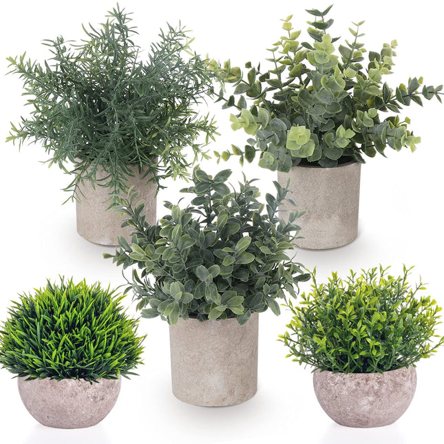 Lemonfilter 5 Pack Fake Plants, Mini Artificial Eucalyptus Greenery Plastic Small Green Grass Potted Faux Plants for Office Desk Decor Coffee Table Farmhouse Bathroom Room Balcony Shelf Decor