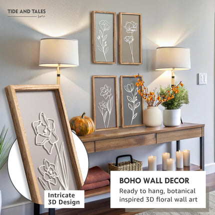3D Wooden Floral Bathroom Wall Decor (Set of 4) Lightweight, Ready-to-Hang Framed Wall Art For Living Room, Bedroom, or Office - Premium Boho Botanical Farmhouse Decorations - Gift-Boxed