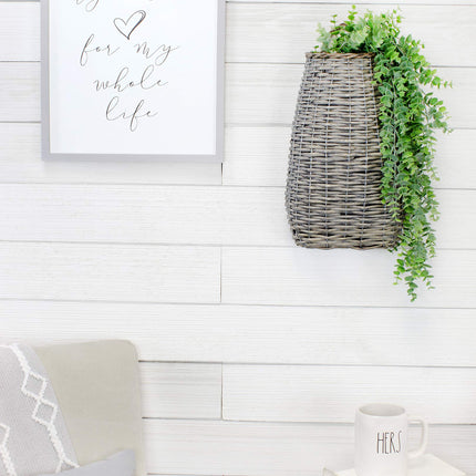 AuldHome Design Wall Hanging Pocket Basket; Woven Wicker Rustic Farmhouse Gray Washed Long Basket; 17 x 9 x 5 Inches
