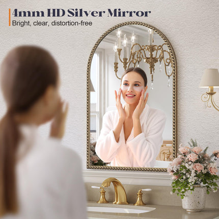 Brauthon Arched Beaded Mirror for Bathroom, 24"x36" Antique Gold Arch Vanity Wall Mirror, Retro Brass Metal Frame Champagne Bronze Mirror for Bedroom Dressing Room Entryway Fireplace