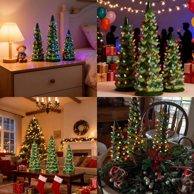 Set of 3 Christmas Trees with Lights, Vintage Tabletop Lighted Christmas Tree Hand Painted Table Decorations, Nostalgic Xmas Ornaments Gifts for Holiday Mantel Table Centerpieces Window Porch