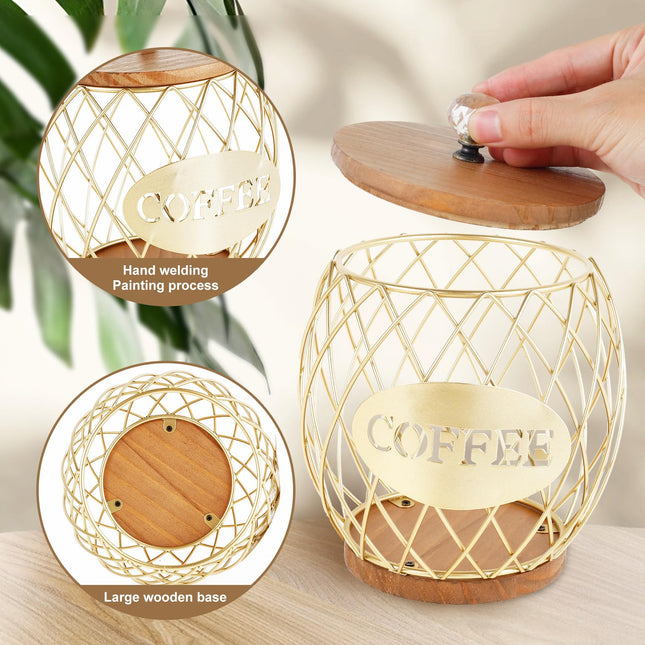 Coffee Pod Basket Holder Metal Coffee Pod Storage Basket with Dust Cover Hollow Design Coffee Pod Storage Container Large Capacity Sturdy Coffee Pod Organizer (golden)