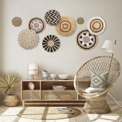 KEDEMAS Boho Wall Basket Decor, 9 Pack Hanging Woven Wall Basket Set, Seagrass Rattan Wicker Boho Wall Art, Eco-Friendly Round Wall Art for Farmhouse Living Rooms Bedrooms Display Classroom Decor