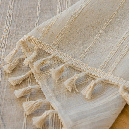 Deeprove Boho Textured Valance Tier, Neutral Bohemian Farmhouse Chic Kitchen Closet Textured Burlap with Tassels, Window Treatment Small Linen Stripe Curtain Wall Decor, 1 Panel 59" W x 24" L
