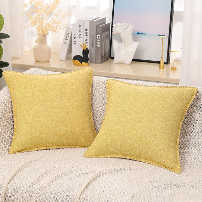 decorUhome Decorative Outdoor Throw Pillow Covers 18x18 Set of 2, Square Linen Rustic Neutral Farmhouse Euro Pillow Covers with Stitched Edge for Couch, Sofa, Living Room, Mustard Yellow
