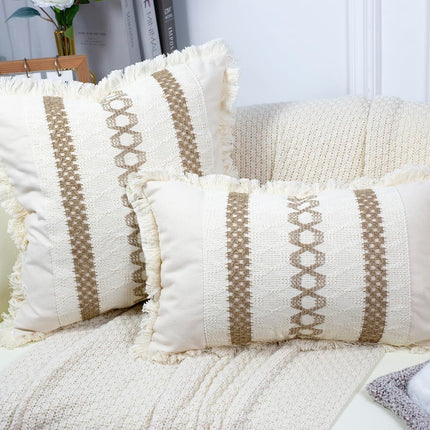 DRNOU Neutral Accent Burlap Lumbar Pillow Covers 12 x 20,Cute Fringed Throw Pillow Cover,Boho Cushion Cover Checked Decorative Pillow Case for Couch Bed Sofa Farmhouse,Rustic Retro,Set of 2 Khaki