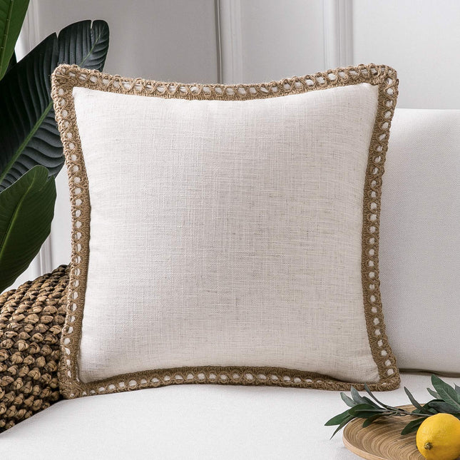Phantoscope Farmhouse Solid Throw Decorative Pillow Cover Burlap Linen Trimmed Tailored Edges Outdoor Pillow Off White 18 x 18 inches, 45 x 45 cm