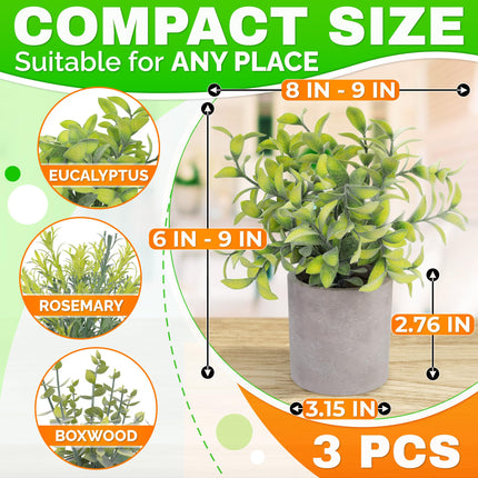 3-Pack Small Artificial Plants - Fake Desk Plant for Office, Business, or Home Decor, Lightweight & Durable, Compact Size and Variety (Eucalyptus, Rosemary, and Boxwood), Long-Lasting & Fade Resistant