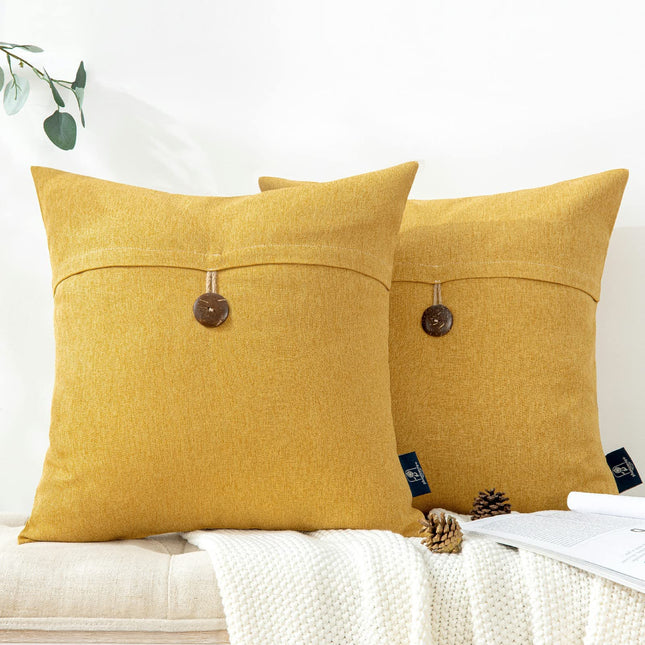 Phantoscope Pack of 2 Throw Pillow Covers Premium Coconut Button Vintage Linen Solid Decorative Pillow Cover for Couch Bed and Chair Mustard Yellow 20 x 20 inches 50 x 50 cm