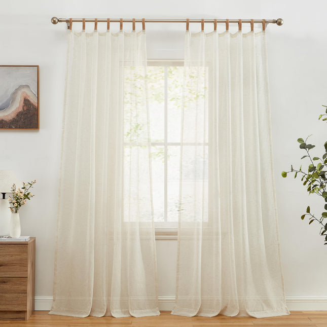 HLC.ME Lena Burlap Flax Linen Semi Sheer Privacy Sun Light Filtering Transparent Window Tab Top Short Thick Curtains Drapery Panels for Bedroom & Office, 2 Panels (54 W x 72 L, Natural Linen)