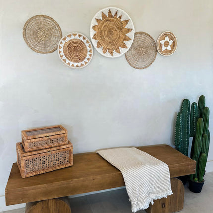 TheNamiCollection Woven Wall Basket Set - Five Hanging Seagrass Baskets | Decorative, Boho Styled Baskets Perfect For Trendy, All Natural Home Decor | Handmade, Round, Woven, Hanging Wall Basket Decor