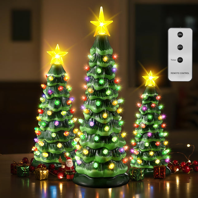 Set of 3 Ceramic Christmas Trees with lights, Pre-Lit Hand-Painted Tabletop Christmas Tree with Remote Control & Timer & Multicolored LED Lights, Vintage Xmas Decor Table Top Xmas Decor for Home,Green