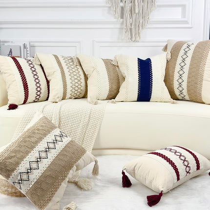 DRNOU Neutral Accent Burlap Lumbar Pillow Covers 12 x 20,Cute Fringed Throw Pillow Cover,Boho Cushion Cover Checked Decorative Pillow Case for Couch Bed Sofa Farmhouse,Rustic Retro,Set of 2 Khaki