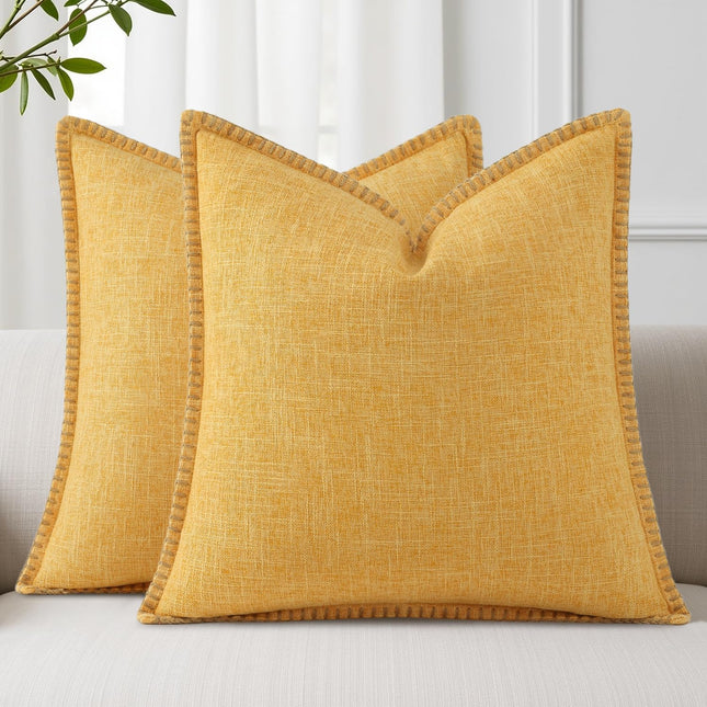 decorUhome Decorative Outdoor Throw Pillow Covers 18x18 Set of 2, Square Linen Rustic Neutral Farmhouse Euro Pillow Covers with Stitched Edge for Couch, Sofa, Living Room, Mustard Yellow