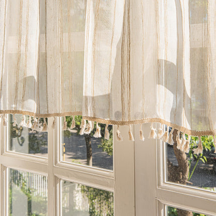 Deeprove Boho Textured Valance Tier, Neutral Bohemian Farmhouse Chic Kitchen Closet Textured Burlap with Tassels, Window Treatment Small Linen Stripe Curtain Wall Decor, 1 Panel 59" W x 24" L