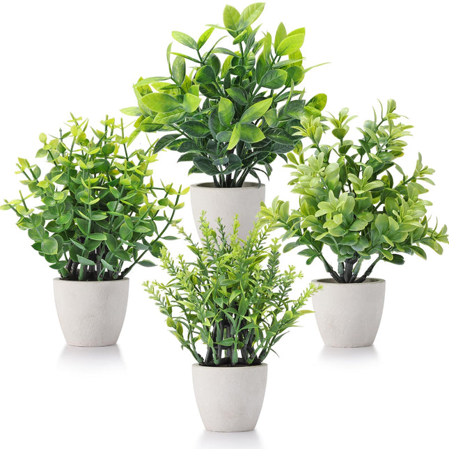 FAVOWREATH 4 Pack Fake Plants Ceramic Mini Artificial Greenery Potted Plants for Home Decor Office Decor Room Decor Farmhouse Decor Indoor Table Bathroom Decor