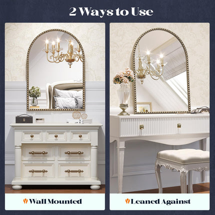 Brauthon Arched Beaded Mirror for Bathroom, 24"x36" Antique Gold Arch Vanity Wall Mirror, Retro Brass Metal Frame Champagne Bronze Mirror for Bedroom Dressing Room Entryway Fireplace