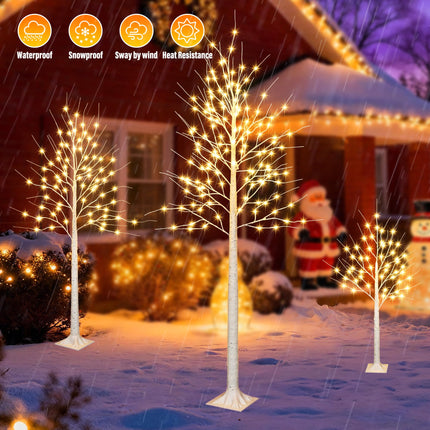 iBaycon 4FT 6FT and 8FT Birch Trees, Set of 3 Lighted Birch Tree LED Artificial Tree with 8 Modes Timer, Prelit Light Up Trees for Indoor and Outdoor Party Holiday Christmas Decorations