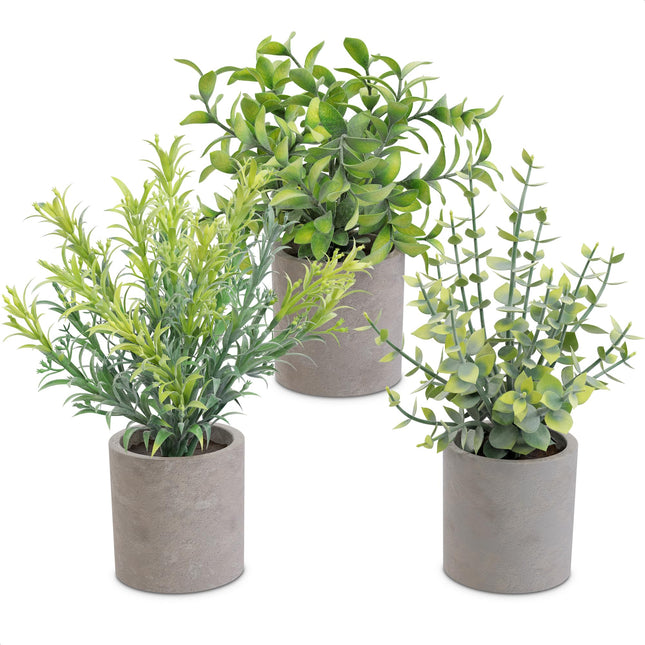 3-Pack Small Artificial Plants - Fake Desk Plant for Office, Business, or Home Decor, Lightweight & Durable, Compact Size and Variety (Eucalyptus, Rosemary, and Boxwood), Long-Lasting & Fade Resistant