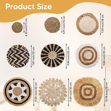 KEDEMAS Boho Wall Basket Decor, 9 Pack Hanging Woven Wall Basket Set, Seagrass Rattan Wicker Boho Wall Art, Eco-Friendly Round Wall Art for Farmhouse Living Rooms Bedrooms Display Classroom Decor