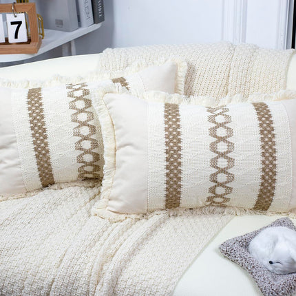 DRNOU Neutral Accent Burlap Lumbar Pillow Covers 12 x 20,Cute Fringed Throw Pillow Cover,Boho Cushion Cover Checked Decorative Pillow Case for Couch Bed Sofa Farmhouse,Rustic Retro,Set of 2 Khaki