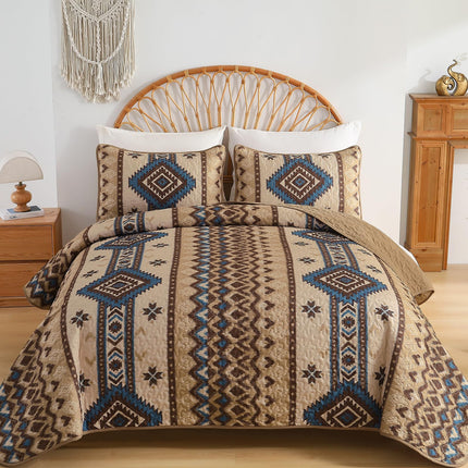 Dintszyayue Boho Quilt Set King Size,3 Pieces Aztec Texture Bedspread Brown Southwestern Coverlet Set Soft Lightweight Bed Cover for All Season Microfiber Bedding with 2 Pillowcases(Brown,104"x90")