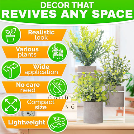3-Pack Small Artificial Plants - Fake Desk Plant for Office, Business, or Home Decor, Lightweight & Durable, Compact Size and Variety (Eucalyptus, Rosemary, and Boxwood), Long-Lasting & Fade Resistant